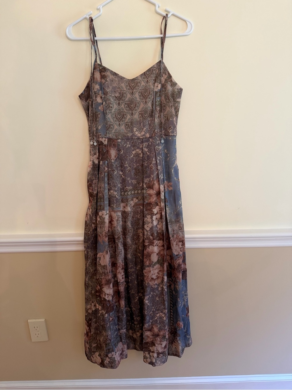 Rebecca Taylor Dusty Blue and Brown Paisley Floral Midi Slip Dress